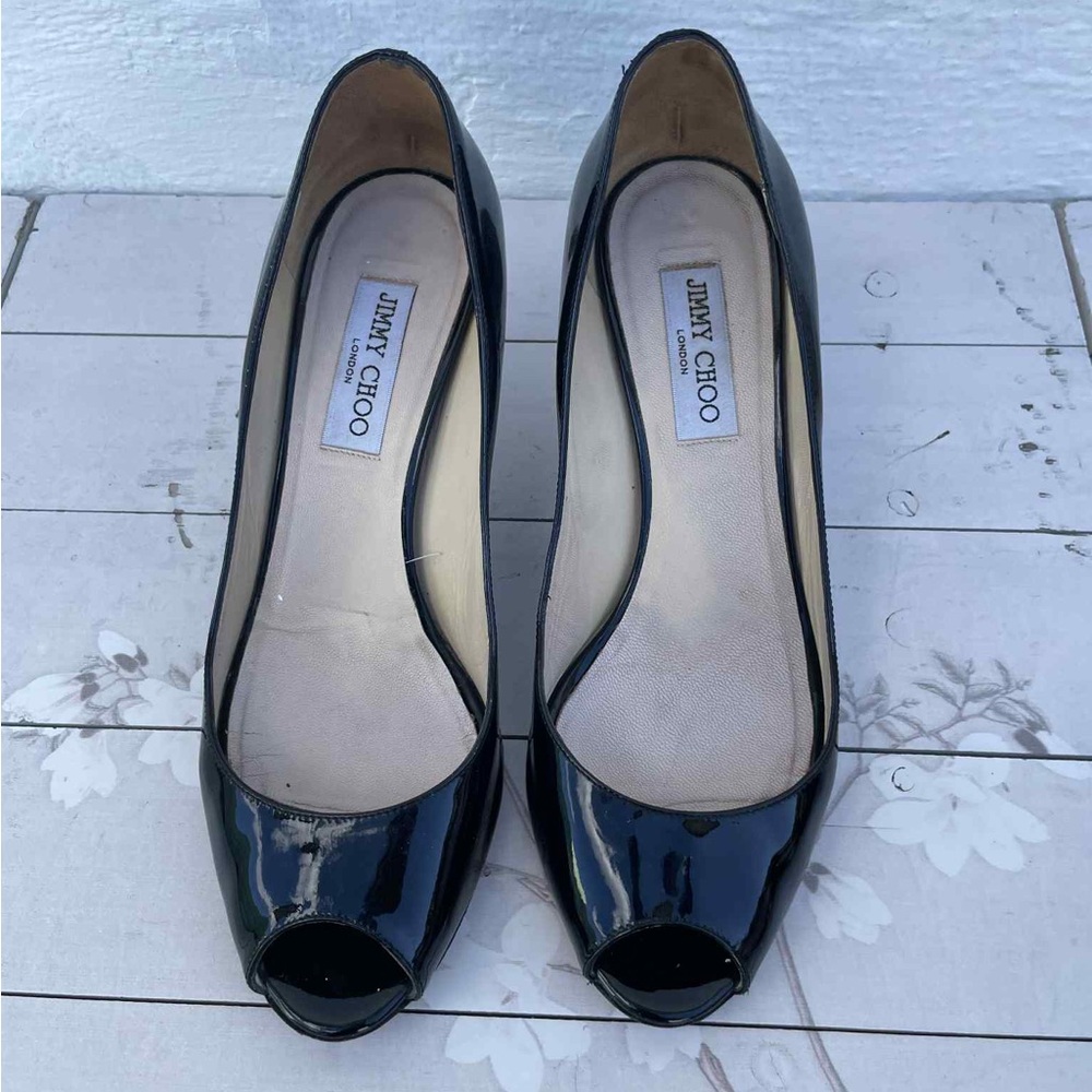 Jimmy Choo Glossy Black Peep-Toe Heels
